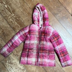 Girls Faded Glory pink and purple plaid puffer jacket with hood. No stains/ rips